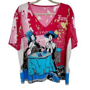 Multicolor polyester v-neck Paris printed blouse v-neck shortsleeve polyester XL